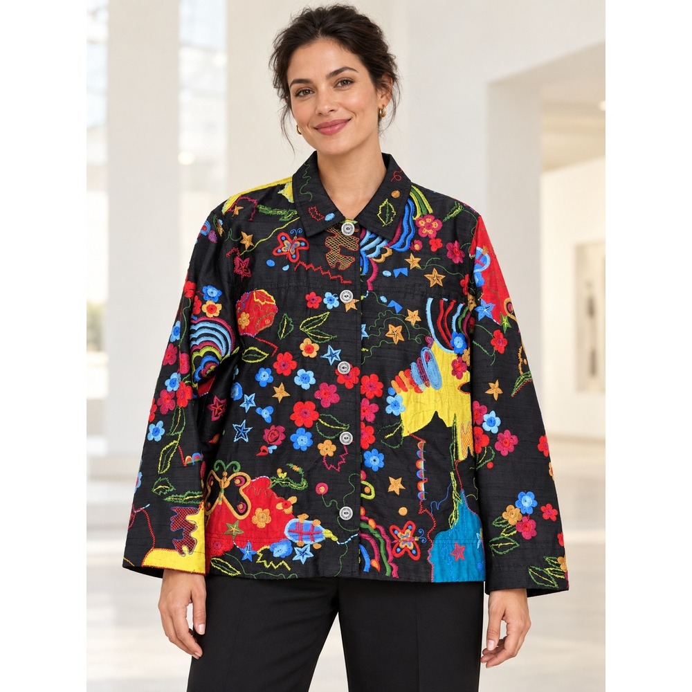 Chico's Design Silk Embroidered Jacket Womens Lg Size 2 Black Floral Butterfly